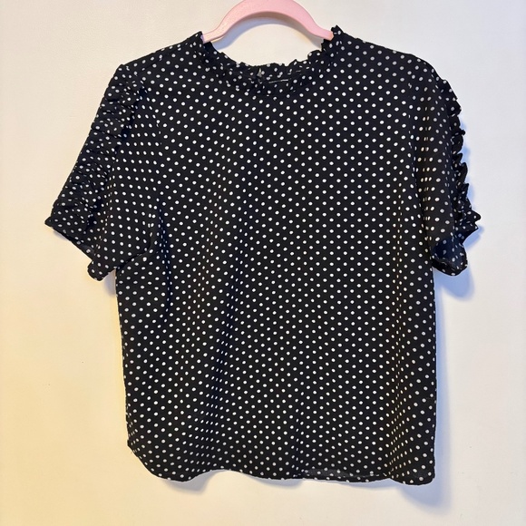 Monteau Short Sleeve High Neck Ruffle Detail Blouse Black White Polka Dots XL - Picture 1 of 5